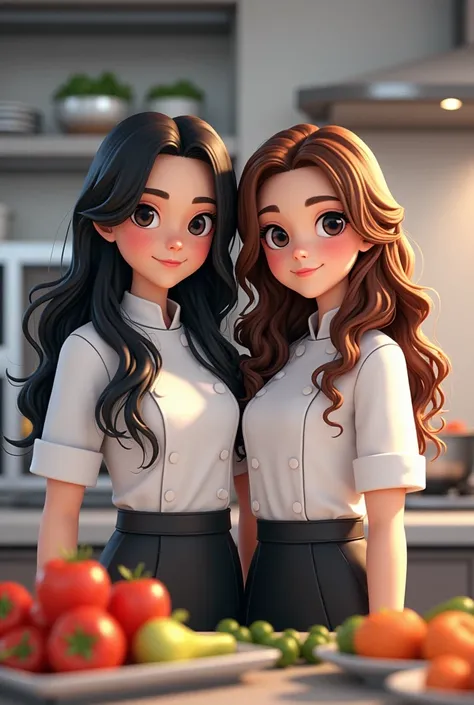 Create two cook sisters, one with long black hair with black eyes and the other with long curly hair and brown eyes with the design style .