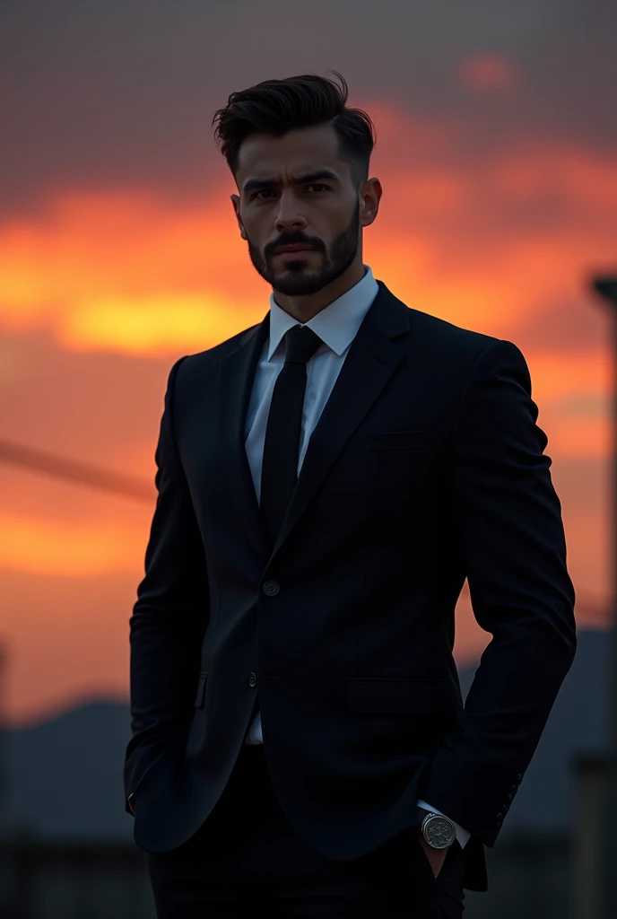 An ambitious man in a black suit under the sunset with one eye with gloomy features
