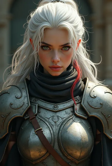 a woman,  white hair with reddish tips, green eyes, dressed in steel armor as a man.