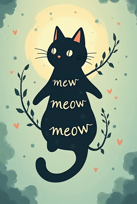 make a black cat vector drawing floating inspired in studio ghibli with that quote meow around his body