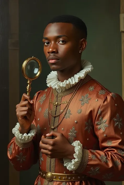 A black man in his twenties wearing renasence clothes with fiar skin and full lips. The picture must look like a old painting painted inthe 1400. His skin must be lighter than this and his hair must be shorter he must carry a magnyifing glass