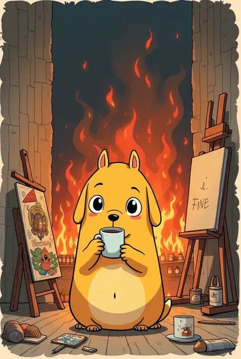 make a vector drawing sticker of the meme "this is fine" about the yellow dog smoking while its everything burning around it in the Studio Ghibli style