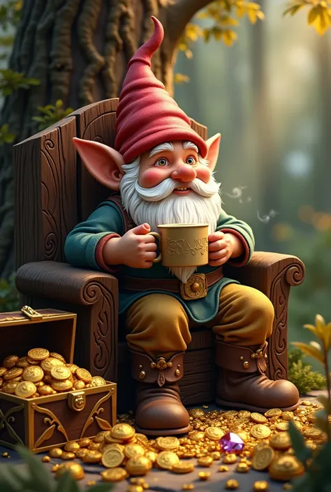  A gnome sitting on a chair made from a sacred tree sipping coffee,next to an open treasure chest filled with gold and jewelry 