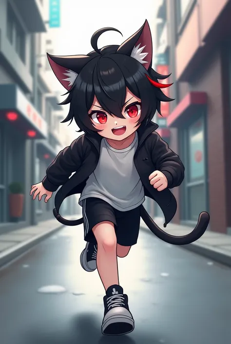 bust_portrait, catboy, cat ears, black hair, red eyes, fang, pale skin, cute adorable, mischievous smile, shota, messy hair, toddler, cute, hair with red streaks, hair with red streaks, cat tail, simple white shirt, black shorts, sports shoes, happy smile,...