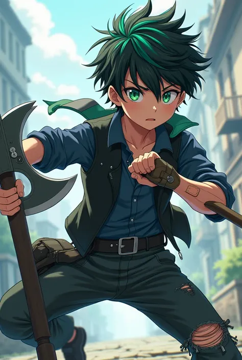  A teenage anime boy,  black hair with green threads, Dark blue shirt, black vest, ripped pants,  black shoes , uses an axe