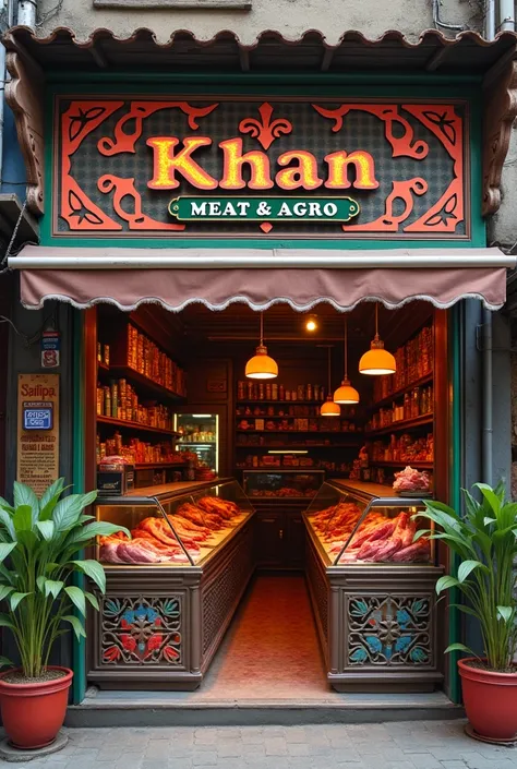 A wholesaler meat shop with fresh beef,fresh mutton make logo as like Bangladeshi  style  name of "KHAN MEAT & AGRO" 