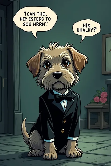 I need you to create for me a dog that is talking in a state of a funeral but I need it to be for a comic book what should I do
