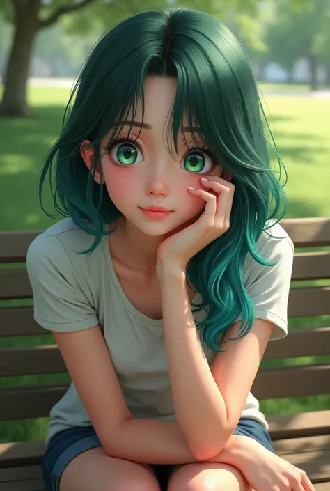 (photorealism:1.2), beautiful girl,  sitting on a park bench, friendly green eyes with white pupils, turquoise and dark green hair, gentle smile, Supporting her face with your hand, t-shirt, white pupils in eyes