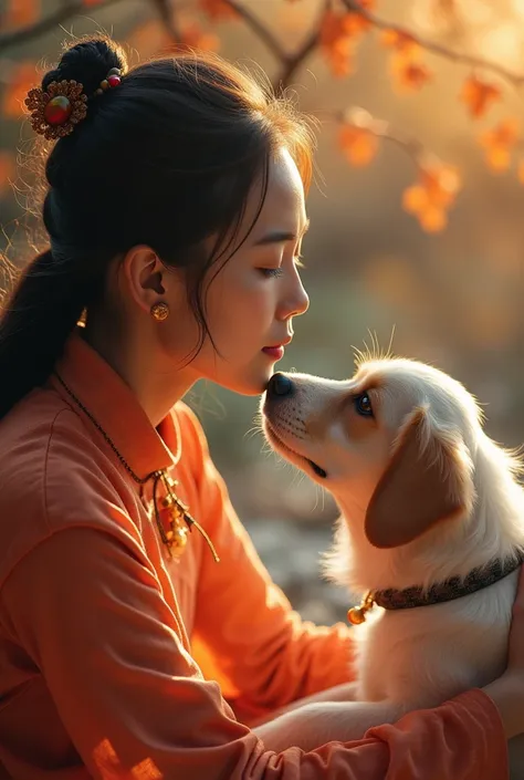 Hasselblad，  National Geographic photos ，  high quality photos ， Design an image that reflects the emotional connection between humans and pets.  Oriental pretty girl， ，Something more spiritual ， You can see energy flowing  