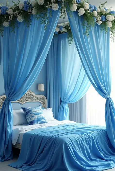 Queen size canopy bed with blue curtains that were majestic and water like and the Blanket has ocean pattern and white with a hint of blue flower garlands on the top and one diamond soft pillow