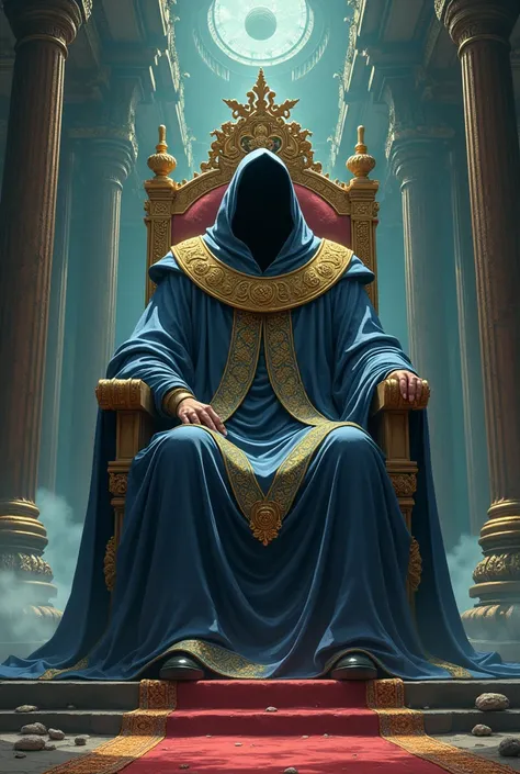 A throne with an enormous statue of a king it was well painted to look like him the King himself he doesnt have a face his head is actually a black hole he has a human body with the vertices of a king the place where he is seems like a mysterious temple he...