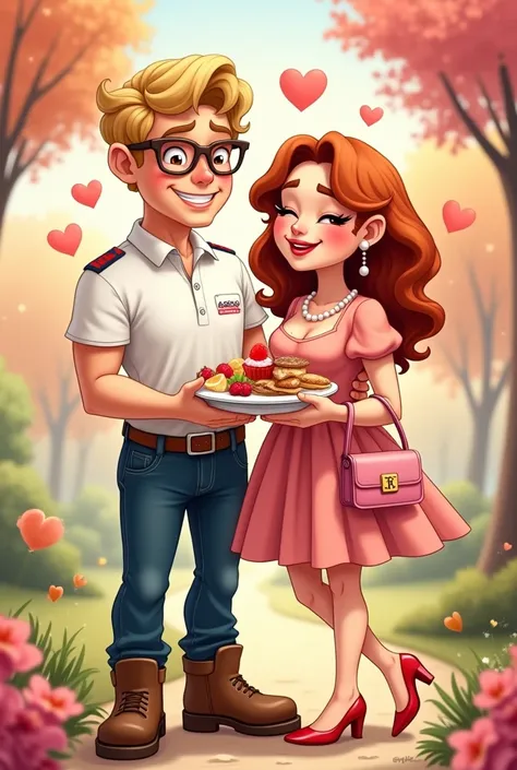 A cartoon of a very very very REALLY light skinned guy who wears brown glasses, has kind of big muscles, has very blond dark hair but wears it short but does have a cute curl that hangs on his forehead, also he has small brown eyes and a wide teeth smile, ...