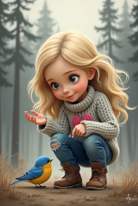 The whimsical, surrealistic illustration shows a young girl with voluminous, flowing blonde hair crouching on a patch of earth strewn with pebbles and stones. She wears a cozy, chunky gray knit sweater with a prominent pink heart embroidered in the center....