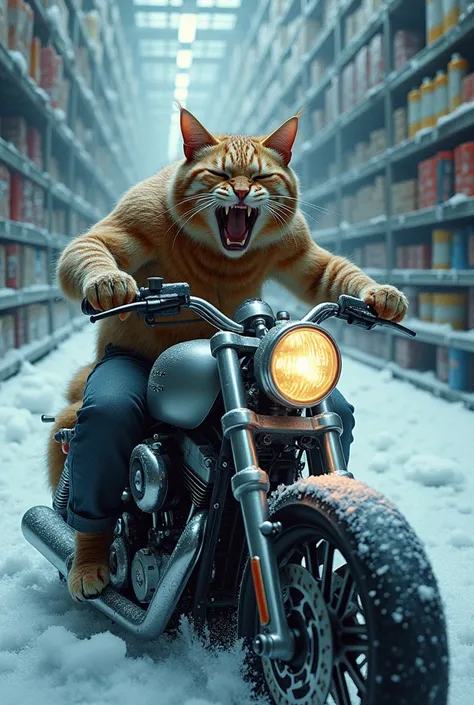 inside a large freezer, a biker cat screaming 