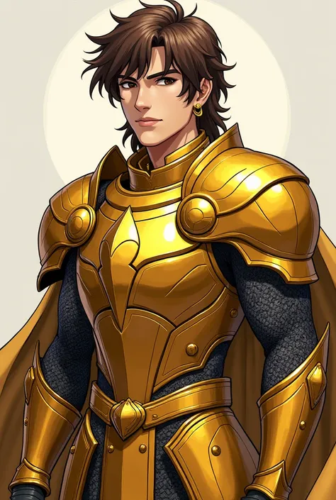 A man with brown hair and brown eyes, 1.64cm tall, with a decisive and brave look, wearing golden armor in the shape of a scale, which represents the sign Libra, whose plates of the scale are used as shields.(saint seiya)