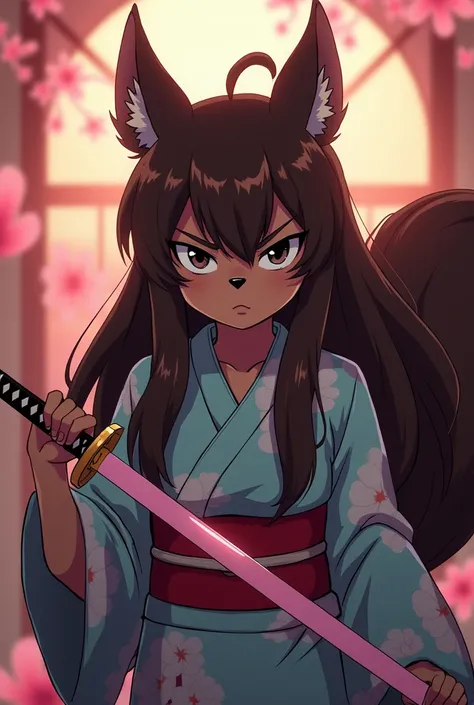 Furry squirrel girl ,  anime style demon slayer, Skin a little bit dark , squirrel nose , black eyes,  long brown hair ,  with an intimidating serious expression with Japanese kimono with floral print and pastel pink katana