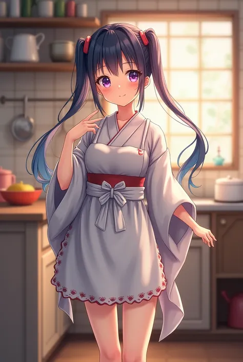 Misono mika (blue archive)Japanese clothes style naked apron twin-tail girl kitchen heterochromia