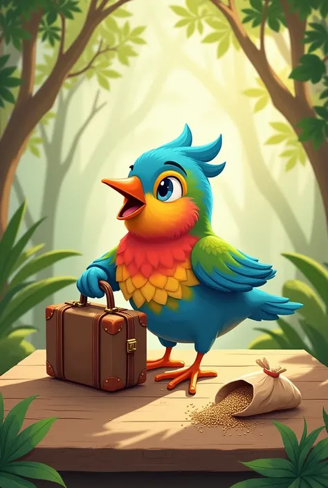 Here is the descriptive illustration:

image:

 The colorful bird , blue feathers, red, yellow and green, está em pé sobre uma pequena mesa de Madeira, cercada por sheets e galhos de árvores. Ele segura uma small suitcase marrom com uma mão, enquanto com a...