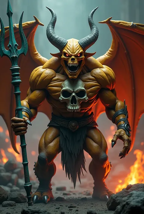 A demon warrior ,  with gold-colored skin ,  on his face there is an expression of fury ,  red eyes ,  two huge gray horns on his head , Your shoulders are broad,  on his back two huge open wings ,  his arms are strong .  On his chest there is a huge skull...