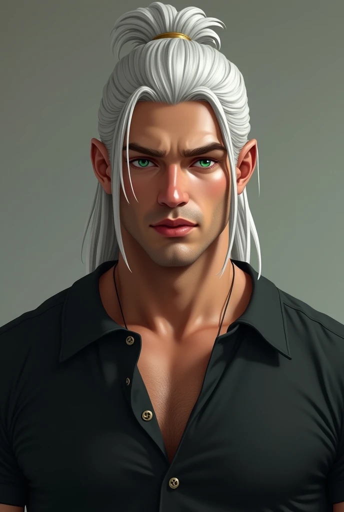 young musculine man, with white long hair half in bun, green hunter eyes, sharp misculine features, full lips, wearing a black shirt, around 20 years old, more realistic
