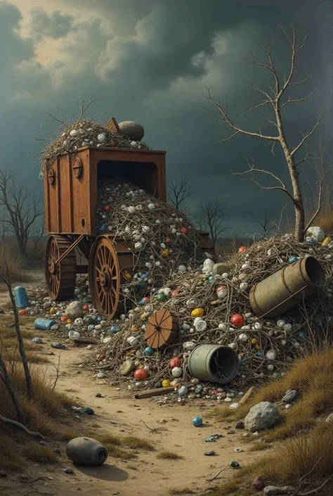  an image with characteristics of Jaques Louis Davids painting showing environmental pollution with garbage, scrap and plastics .