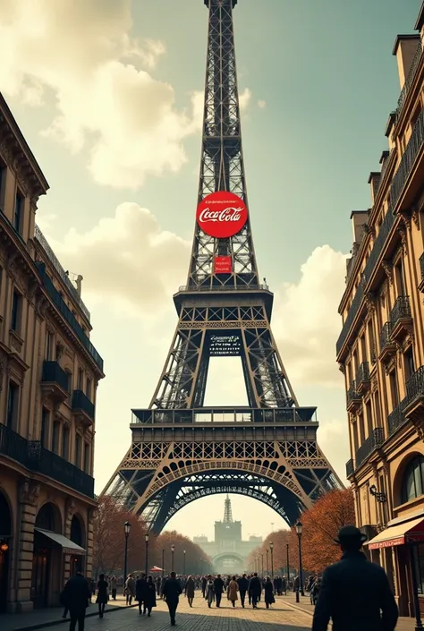 "The Eiffel Tower in a 1920s Paris setting with a bold Coca-Cola advertisement on it, blending historical Parisian aesthetics with vintage Coca-Cola branding. Emphasize the clash between cultural heritage and commercial ambition, showing how large companie...