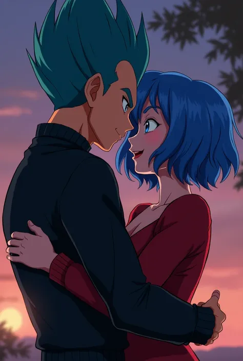 vegeta (black sweater) and Bulma ( blue hair) hugged, Evening, anime, dragon ball 