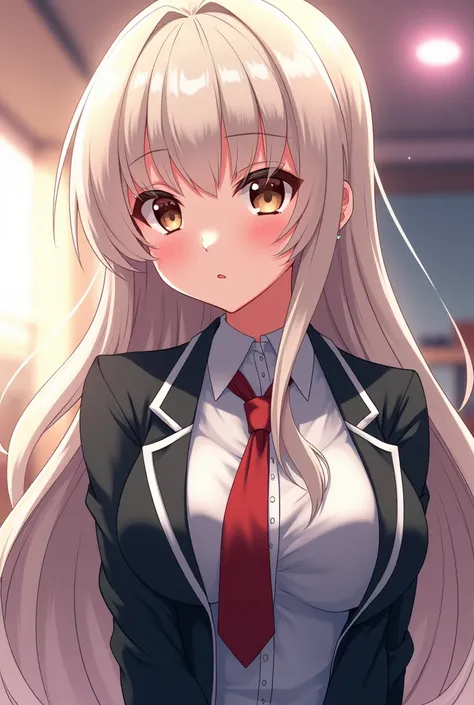 A girl with big tits, tender brown eyes ,  hair cut in layers and smooth platinum color,  anime style, De Boku no hero,  in the school uniform U .A Hight ,  the very attractive girl .