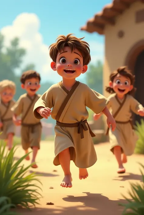 Generate a cartoon of a Nazarene baby Jesus about , with short hair, with beige tunic , barefoot,  Happy running , playing with other Nazarene ren Pixar style 
