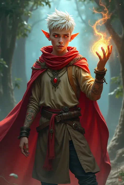 I want an illustration of an RPG character . A sorcerer elf , man, young adult, no beard,  with spiked white hair ,  red eyes , simple clothes in earth tones , a red cape,  bands on the forearms and rune tattoos on the arms.