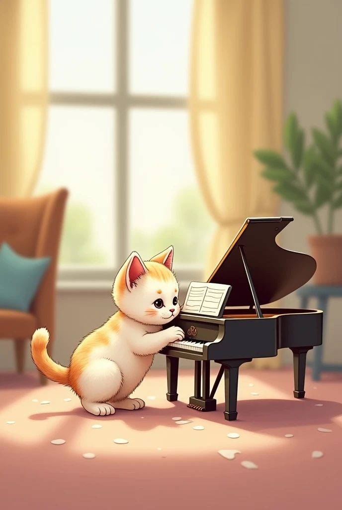 Illustration of a kitten playing with a toy piano in the shape of a grand piano