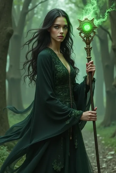 Make a picture of Rasputin&#39;s daughter with green eyes and long wavy black hair, about , full body, black and green clothes, and she is using her powers, she has a magic staff. 