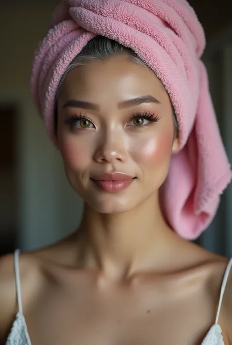 A sexy still very young looking 50 yearsold mature Filipino girl with a pink hair towel completely covering her head she is getting married wearing a bathrobe standing in a makeup room High-k ey lighting Style, 1girl, sol o,gray hair, completely gray hair,...