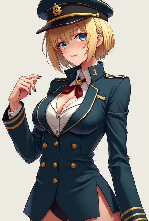 Female anime character, 35-year-old blonde woman with short hair in military clothes with a sexy body and blue eyes showing her butt