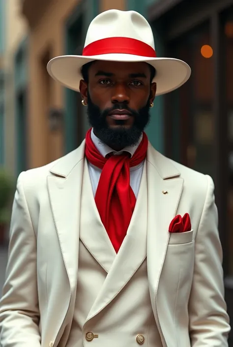  Zé black pelintra with beard 43 years old 
White suit,  Red tie,  red scarf in the pocket  ,  white hat red ribbon without ribbon  