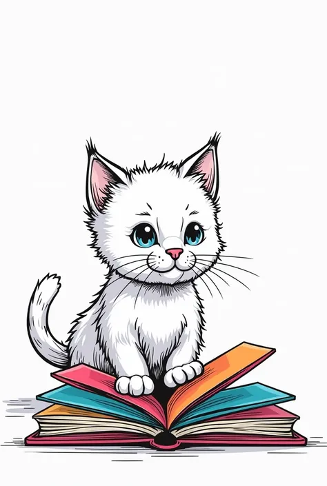 cover for coloring book, cat with colorful book, black lines,withe background