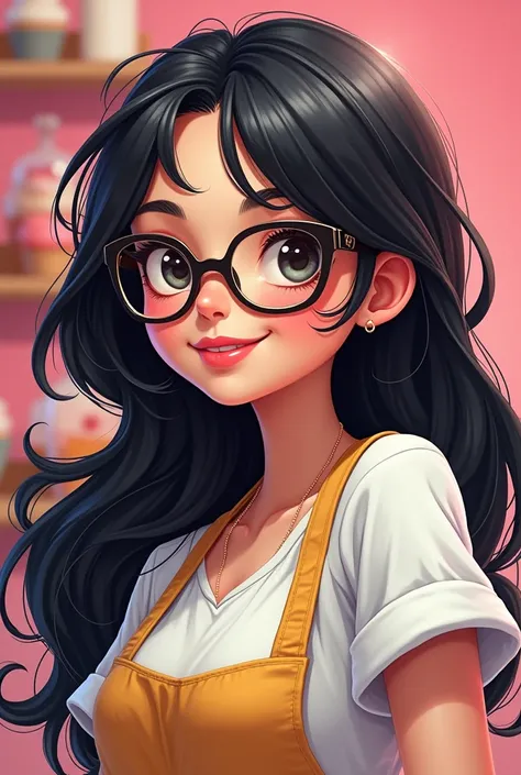 Female pastry chef ,  with long black hair, with glasses. Animated pink. Loose hairstyle without a cap



