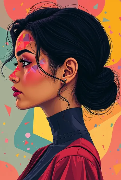 Easy drawing face of pretty young woman in profile with very colorful black hair and geometric shapes in face and background