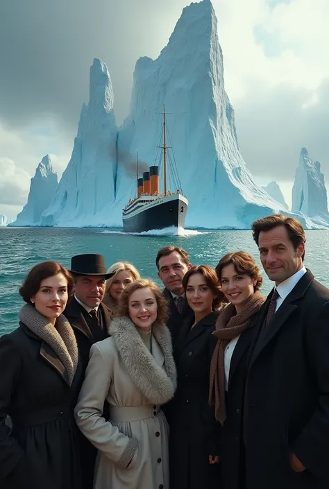 several people posing for a photo with good looking faces fully visible.  dangerous icebergs in the background with the ship heading right for them.  the ship is going to hit the icebergs and sink