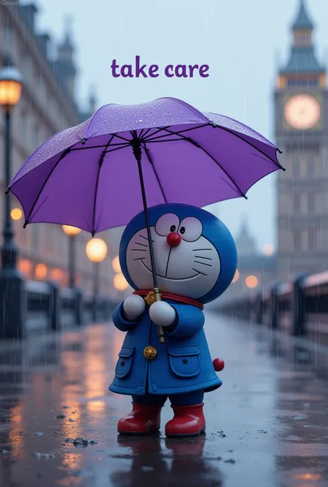 Doreamon, rainy day, holding umbrella, raincoat, rain boots, in London Bridge, hazzy, “Take Care” purple bond italic font on right top, romantic style 