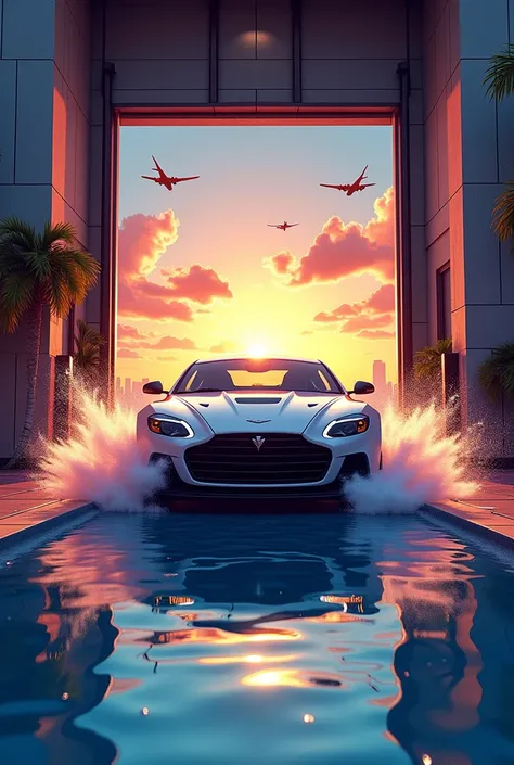 Logo of card wash car entering the car wash garage from the front with car wash tools under the car a pool of water reflecting the car a lot of foam coming out of the car in the background cruisers at sunset in downtown Miami and airplanes in the sky