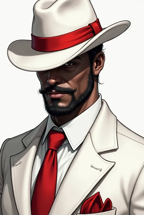  Zé black pelintra with medium beard 43 years old waist up 
White suit,  Normal red tie ,  red scarf in the pocket  , white hat red ribbon without ribbon hides eyes  