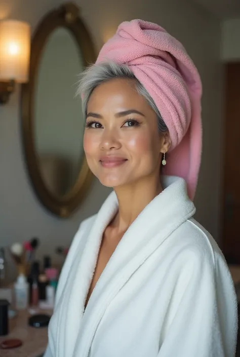 A sexy still very young looking 50 yearsold mature Filipino girl with a pink hair towel completely covering her head she is getting married wearing a bathrobe standing in a makeup room full body view High-k ey lighting Style, 1girl, sol o,gray hair, comple...