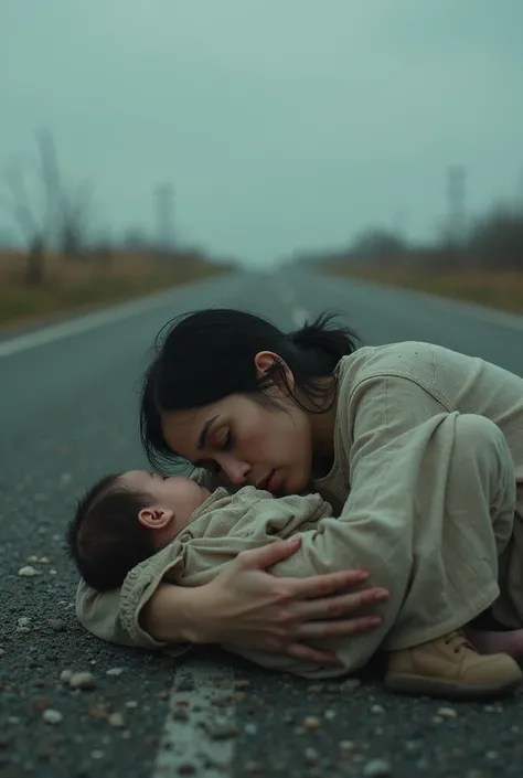 A mother in a dying state laying down and cradling a baby in her arms the mother should be in his late 30s near an open lonely road