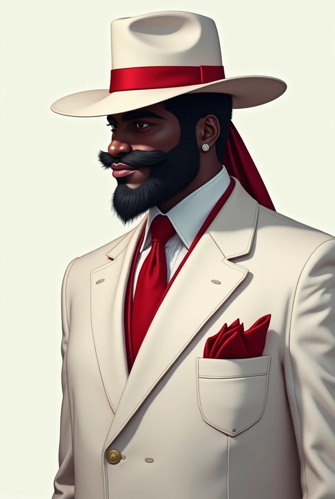  Zé black pelintra with medium beard 43 years old waist up 
White suit,  Normal red tie ,  red scarf in the pocket  , white hat red ribbon without ribbon hides eyes  