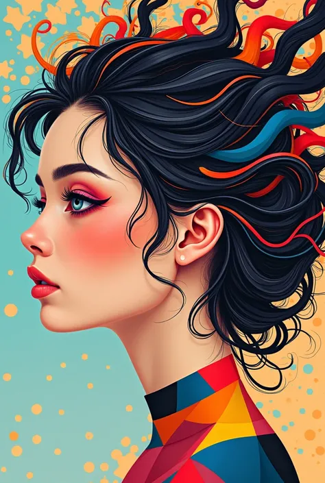 Easy drawing face profile of pretty young woman in profile with very colorful hair and geometric shapes in face and background