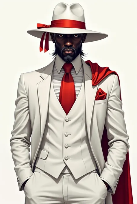  Zé black pelintra with medium beard 43 years old waist up 
White suit,  Normal red tie ,  red scarf in the pocket  , white hat red ribbon without ribbon hides eyes  