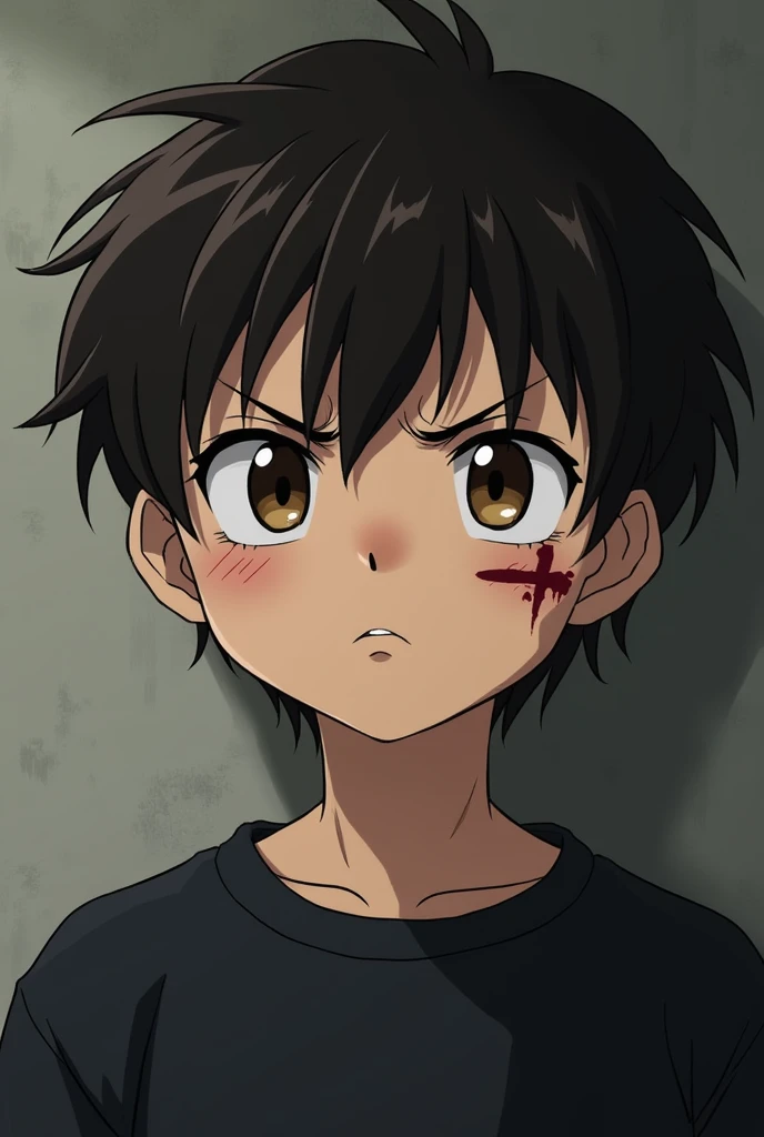 Brown-eyed anime boy, with an annoying and serious expression,  a horizontal scar on the nose ,  one on the right vertical eyebrow ,  and one that goes from the ear to the left cheek ,  and a scar from the jaw to the right cheek,  wearing a black sweatshir...