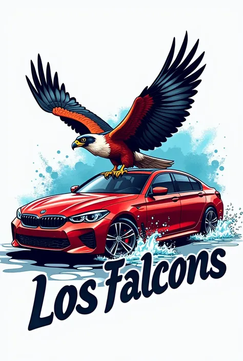 I want a logo of a car wash called Los Falcons and a red car washing and a detail that says falcons and a falcon in the background 