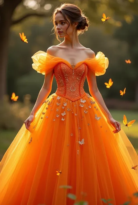 a stunning ball gown-style dress in orange . The dress features a classic off-the-shoulder neckline with large, puffy sleeves that create a dramatic, romantic silhouette with tiny butterflies. The bodice is adorned with intricate ruching and sparkling sequ...